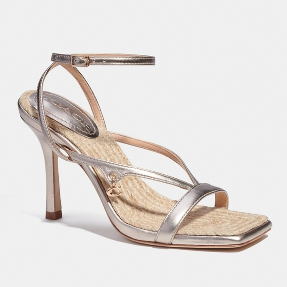 Coach KAIMA metallic Sandals Platinum Champagne Leather Ankle strap Heels - Picture 3 of 10